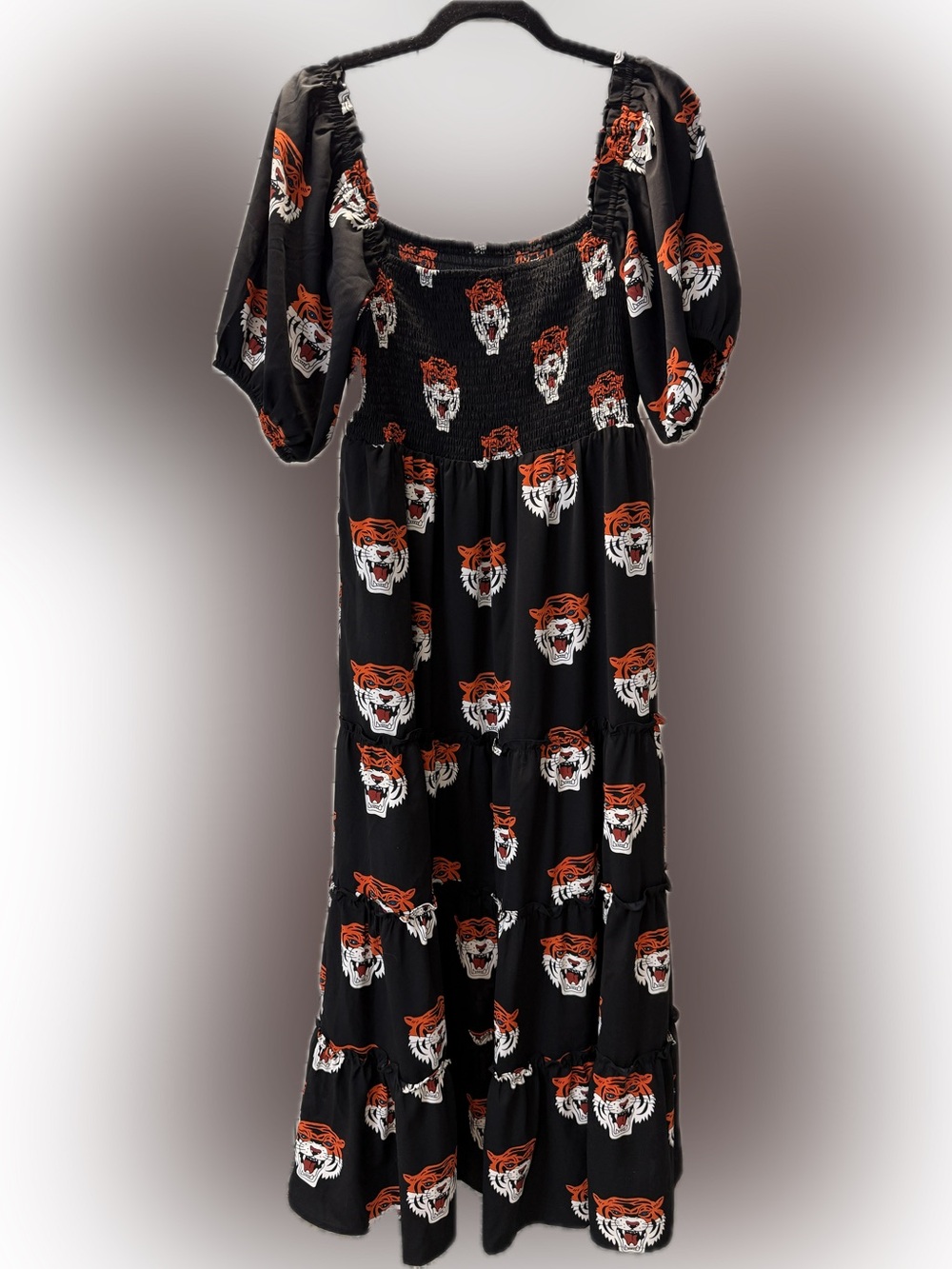 Dressed in LALA Black Dress with Orange and White Tiger Faces - Picture 2 of 3